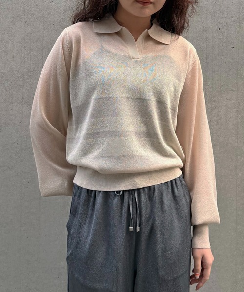 &g'aime(アンジェム)の「【&g'aime 】シアーボーダーポロニット Sheer Striped Polo Knit Top(ニット/セーター・レディース・ブラック/ネイビー/アイボリー・FREE)」の6枚目の写真