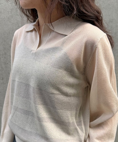 &g'aime(アンジェム)の「【&g'aime 】シアーボーダーポロニット Sheer Striped Polo Knit Top(ニット/セーター・レディース・ブラック/ネイビー/アイボリー・FREE)」の7枚目の写真