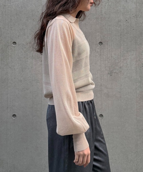 &g'aime(アンジェム)の「【&g'aime 】シアーボーダーポロニット Sheer Striped Polo Knit Top(ニット/セーター・レディース・ブラック/ネイビー/アイボリー・FREE)」の9枚目の写真