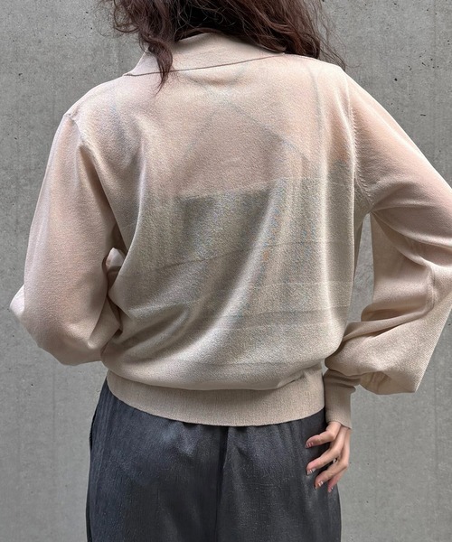&g'aime(アンジェム)の「【&g'aime 】シアーボーダーポロニット Sheer Striped Polo Knit Top(ニット/セーター・レディース・ブラック/ネイビー/アイボリー・FREE)」の11枚目の写真
