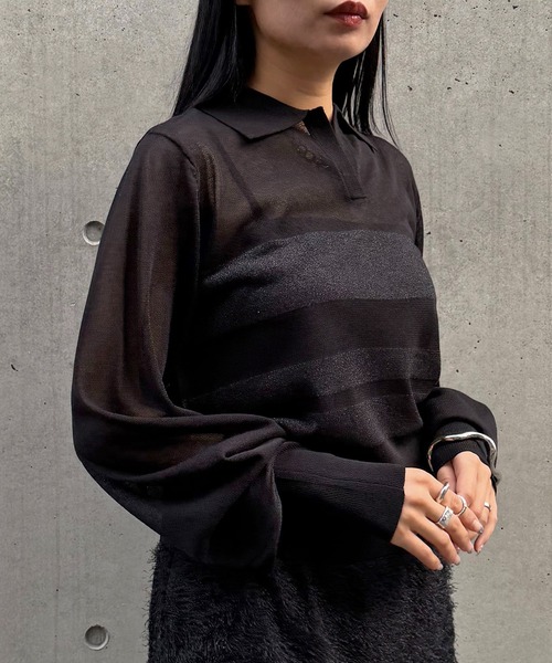 &g'aime(アンジェム)の「【&g'aime 】シアーボーダーポロニット Sheer Striped Polo Knit Top(ニット/セーター・レディース・ブラック/ネイビー/アイボリー・FREE)」の19枚目の写真