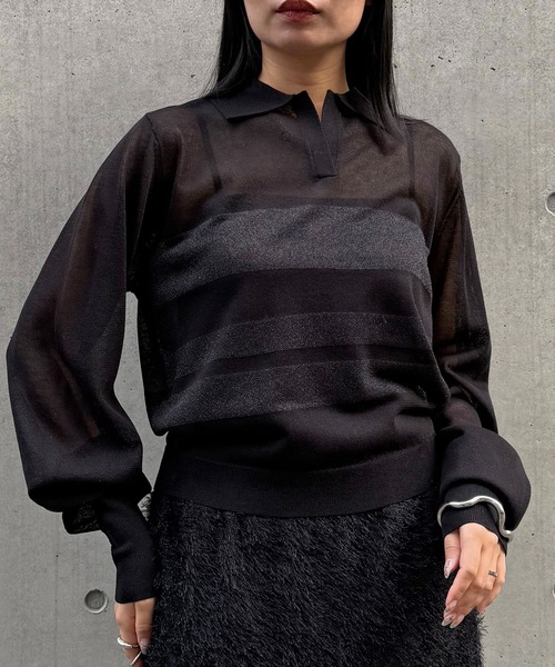 &g'aime(アンジェム)の「【&g'aime 】シアーボーダーポロニット Sheer Striped Polo Knit Top(ニット/セーター・レディース・ブラック/ネイビー/アイボリー・FREE)」の15枚目の写真