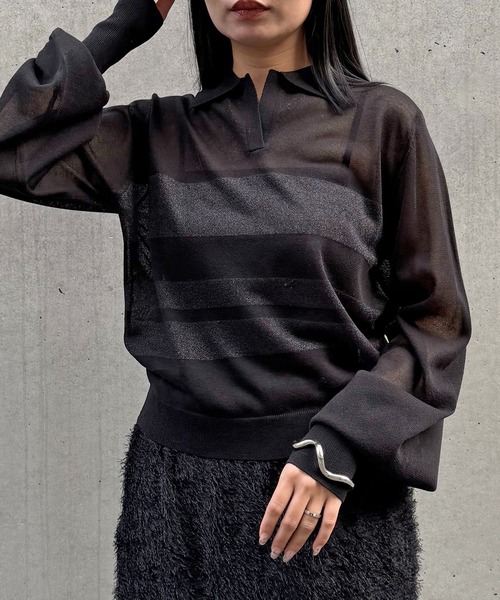 &g'aime(アンジェム)の「【&g'aime 】シアーボーダーポロニット Sheer Striped Polo Knit Top(ニット/セーター・レディース・ブラック/ネイビー/アイボリー・FREE)」の17枚目の写真