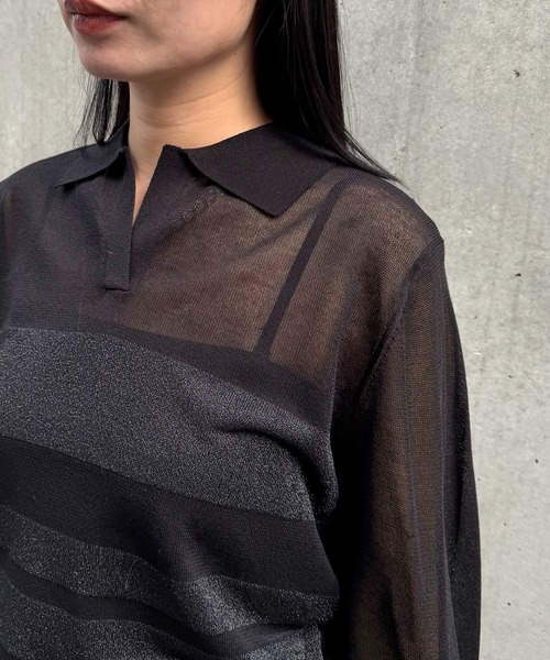 &g'aime(アンジェム)の「【&g'aime 】シアーボーダーポロニット Sheer Striped Polo Knit Top(ニット/セーター・レディース・ブラック/ネイビー/アイボリー・FREE)」の18枚目の写真