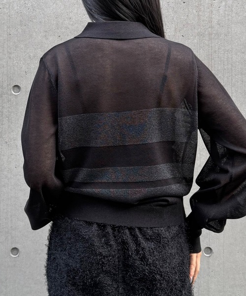 &g'aime(アンジェム)の「【&g'aime 】シアーボーダーポロニット Sheer Striped Polo Knit Top(ニット/セーター・レディース・ブラック/ネイビー/アイボリー・FREE)」の21枚目の写真