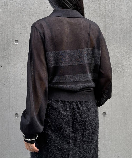 &g'aime(アンジェム)の「【&g'aime 】シアーボーダーポロニット Sheer Striped Polo Knit Top(ニット/セーター・レディース・ブラック/ネイビー/アイボリー・FREE)」の22枚目の写真