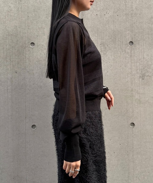 &g'aime(アンジェム)の「【&g'aime 】シアーボーダーポロニット Sheer Striped Polo Knit Top(ニット/セーター・レディース・ブラック/ネイビー/アイボリー・FREE)」の20枚目の写真