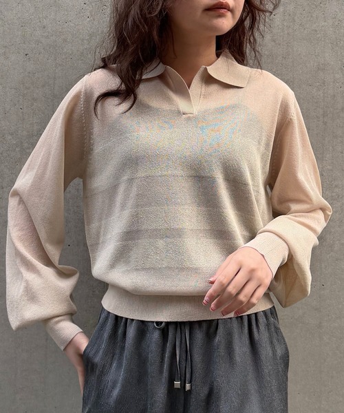 &g'aime(アンジェム)の「【&g'aime 】シアーボーダーポロニット Sheer Striped Polo Knit Top(ニット/セーター・レディース・ブラック/ネイビー/アイボリー・FREE)」の4枚目の写真