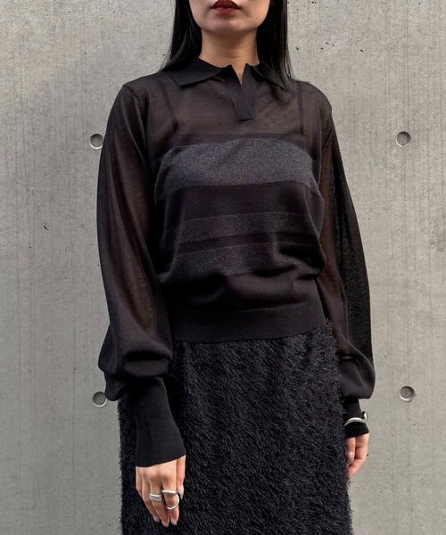 &g'aime(アンジェム)の「【&g'aime 】シアーボーダーポロニット Sheer Striped Polo Knit Top(ニット/セーター・レディース・ブラック/ネイビー/アイボリー・FREE)」の16枚目の写真