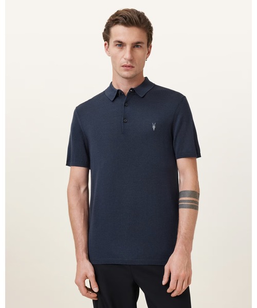 ALLSAINTS(オールセインツ)の「MODE MERINO SHORT SLEEVE RAMSKULL POLO SHIRT | モード メリノ 半袖 ラムスカル ポロシャツ(ポロシャツ・メンズ・ネイビー・S/M/L/XL)」の1枚目の写真