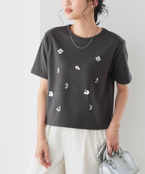 Pierrot(ピエロ)の「フラワービジュープルオーバー(Tシャツ/カットソー・レディース・チャコール/オフホワイト・L/M)」の13枚目の写真