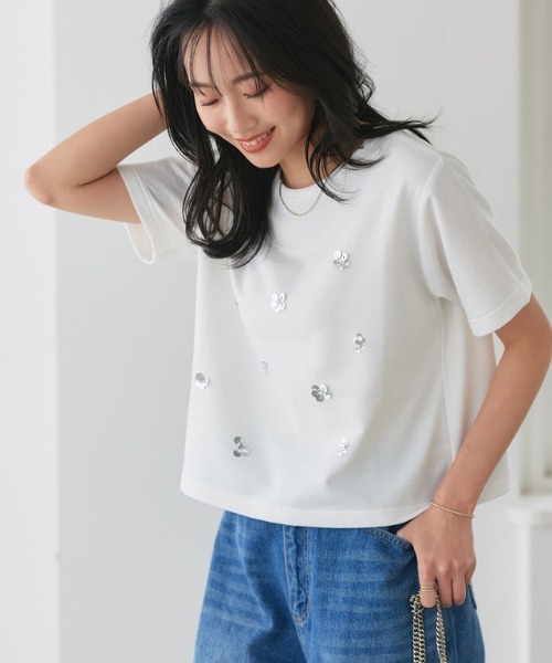 Pierrot(ピエロ)の「フラワービジュープルオーバー(Tシャツ/カットソー・レディース・チャコール/オフホワイト・L/M)」の19枚目の写真