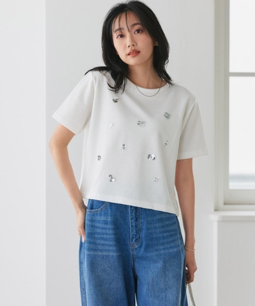 Pierrot(ピエロ)の「フラワービジュープルオーバー(Tシャツ/カットソー・レディース・チャコール/オフホワイト・L/M)」の20枚目の写真