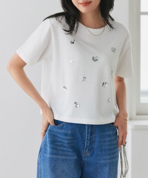 Pierrot(ピエロ)の「フラワービジュープルオーバー(Tシャツ/カットソー・レディース・チャコール/オフホワイト・L/M)」の21枚目の写真