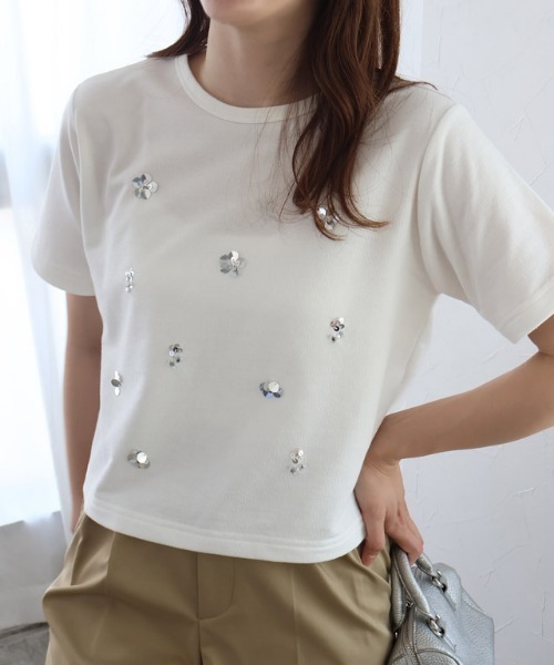 Pierrot(ピエロ)の「フラワービジュープルオーバー(Tシャツ/カットソー・レディース・チャコール/オフホワイト・L/M)」の6枚目の写真