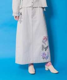 561239：花蝶刺繍デニムロングスカート