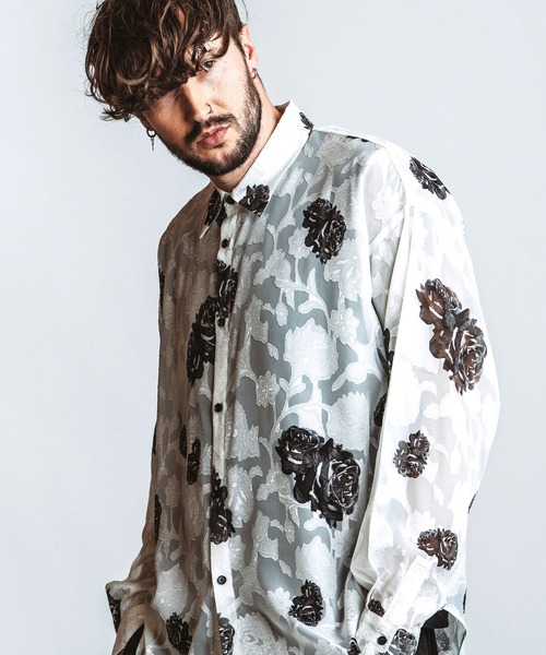NO ID.（ノーアイディ）の「【NO ID.】Sheer Flower BIG Shirt / シアーフラワー ビッグ シャツ（シャツ/ブラウス・メンズ・ブルー/ブラック/ホワイト・ONE SIZE）」の2枚目の写真