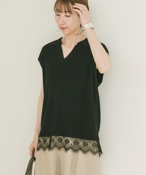 ITEMS URBANRESEARCH(アイテムズ アーバンリサーチ)の「ニットドッキングヘムレース(ニット/セーター・レディース・ベージュ/ブラウン/ブラック・FREE)」の1枚目の写真