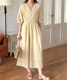 Vネック ギャザー デザイン ミモレ丈 ワンピース