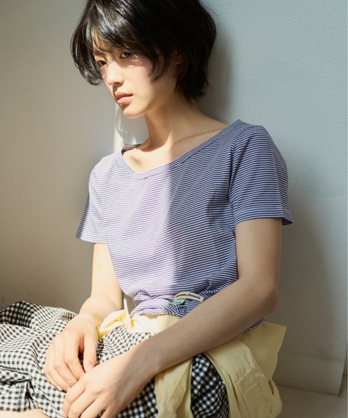 common gull products.(コモンガルプロダクツ)の「ぼんやり明るい朝にボーダーTシャツ(Tシャツ/カットソー・レディース・ブラウン系/サックスブルー系/イエロー系・SMALL/MEDIUM/LARGE)」の2枚目の写真