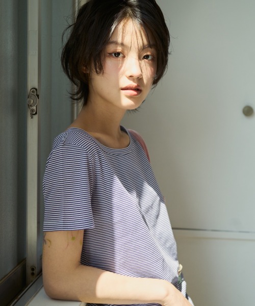 common gull products.(コモンガルプロダクツ)の「ぼんやり明るい朝にボーダーTシャツ(Tシャツ/カットソー・レディース・ブラウン系/サックスブルー系/イエロー系・SMALL/MEDIUM/LARGE)」の4枚目の写真