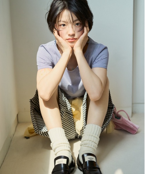common gull products.(コモンガルプロダクツ)の「ぼんやり明るい朝にボーダーTシャツ(Tシャツ/カットソー・レディース・ブラウン系/サックスブルー系/イエロー系・SMALL/MEDIUM/LARGE)」の5枚目の写真