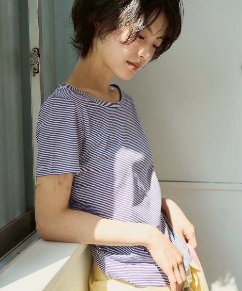 common gull products.(コモンガルプロダクツ)の「ぼんやり明るい朝にボーダーTシャツ(Tシャツ/カットソー・レディース・ブラウン系/サックスブルー系/イエロー系・SMALL/MEDIUM/LARGE)」の7枚目の写真