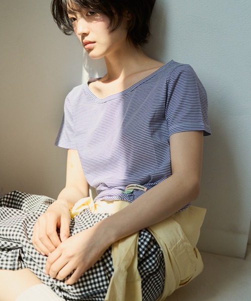 common gull products.(コモンガルプロダクツ)の「ぼんやり明るい朝にボーダーTシャツ(Tシャツ/カットソー・レディース・ブラウン系/サックスブルー系/イエロー系・SMALL/MEDIUM/LARGE)」の10枚目の写真
