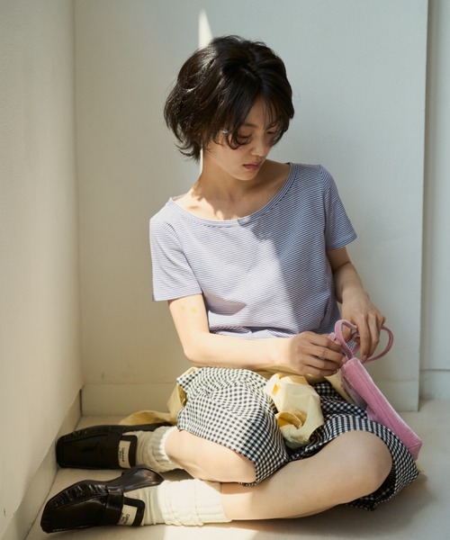 common gull products.(コモンガルプロダクツ)の「ぼんやり明るい朝にボーダーTシャツ(Tシャツ/カットソー・レディース・ブラウン系/サックスブルー系/イエロー系・SMALL/MEDIUM/LARGE)」の13枚目の写真