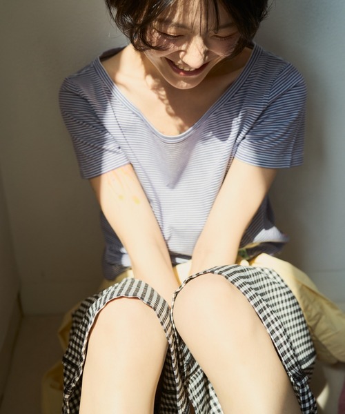common gull products.(コモンガルプロダクツ)の「ぼんやり明るい朝にボーダーTシャツ(Tシャツ/カットソー・レディース・ブラウン系/サックスブルー系/イエロー系・SMALL/MEDIUM/LARGE)」の15枚目の写真