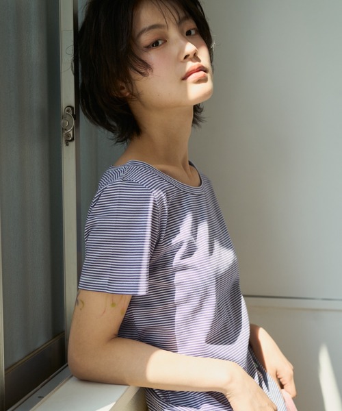 common gull products.(コモンガルプロダクツ)の「ぼんやり明るい朝にボーダーTシャツ(Tシャツ/カットソー・レディース・ブラウン系/サックスブルー系/イエロー系・SMALL/MEDIUM/LARGE)」の17枚目の写真