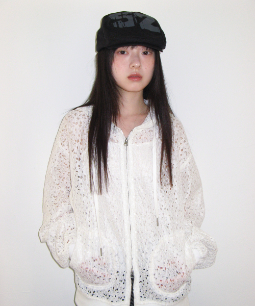LACE HOODIE ZIP‑UP IVORY — кружевная худи‑куртка на молнии, айвори