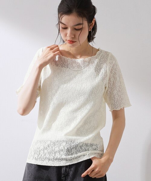 THE SHOP TK (ザ ショップ ティーケー )の「繊細で上品な レース5分袖トップス(Tシャツ/カットソー・レディース・アイボリー/ブラック・12/13)」の1枚目の写真