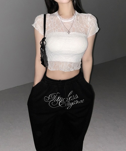 me+em select(ミームセレクト)の「【 2color 】ストレッチレースショートメローTシャツ / stretch lace short mellow T-shirts※※(その他トップス・レディース・ホワイト/ブラック・FREE)」の13枚目の写真