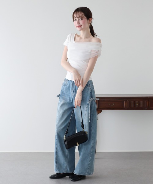 BLUEEAST(ブルーイースト)の「チュールオフショルTシャツ(Tシャツ/カットソー・レディース・ホワイト/ブラック/ベージュ・MEDIUM)」の9枚目の写真