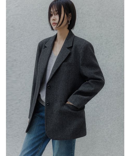MEMUA（メムア）の「ヘリテージチェックオーバーサイズウールジャケット（ミリタリージャケット・レディース・ブラック・FREE）」の2枚目の写真