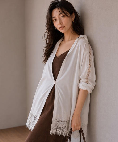 sakishimatokyo(サキシマトーキョー)の「袖レース切替 ひげレースチュニックシャツ /羽織り(チュニック・レディース・ホワイト・FREE)」の5枚目の写真