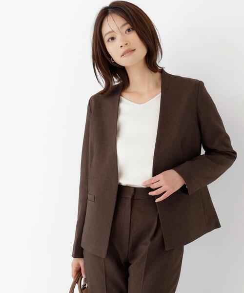 NATURAL BEAUTY BASIC(ナチュラルビューティーベーシック)の「【マシンウォッシャブル】ウーステッドライク SETUPノーカラージャケット(ノーカラージャケット・レディース・チャコールグレー/ベージュ/ダークブラウン・SMALL/MEDIUM/LARGE)」の2枚目の写真