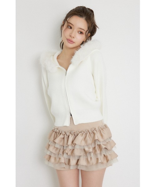 rienda(リエンダ)の「フェイクファーフーディニットカーディガントップス 秋服 冬服(ニット/セーター・レディース・ブラック/ホワイト/ブルー・FREE)」の1枚目の写真