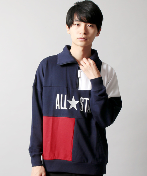 CONVERSE(コンバース)の「CONVERSE 裏毛 切替 リブ ハーフZIP スウェット(スウェット・メンズ・ホワイト/ホワイト系その他/ブラック/ネイビー・M/L/XL)」の1枚目の写真