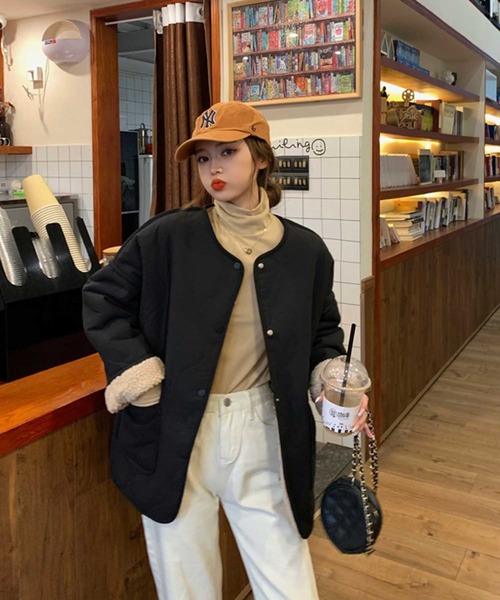 MANGROVE（マングローブ）の「キルティング裏ボアパイピングジャケット（ノーカラージャケット・レディース・ブラック/ベージュ・FREE）」の7枚目の写真