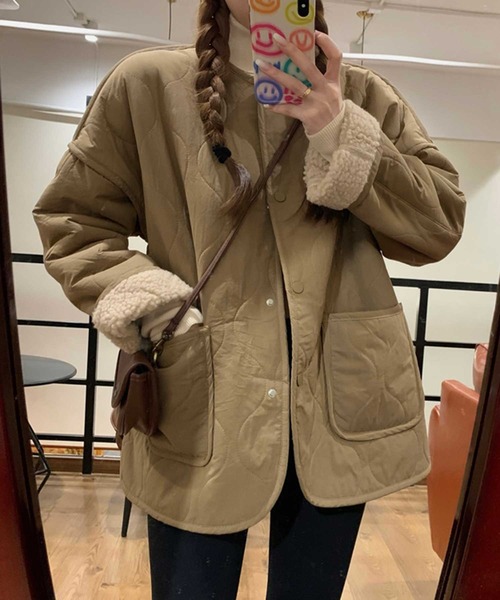 MANGROVE（マングローブ）の「キルティング裏ボアパイピングジャケット（ノーカラージャケット・レディース・ブラック/ベージュ・FREE）」の13枚目の写真