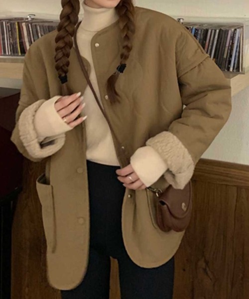 MANGROVE（マングローブ）の「キルティング裏ボアパイピングジャケット（ノーカラージャケット・レディース・ブラック/ベージュ・FREE）」の12枚目の写真