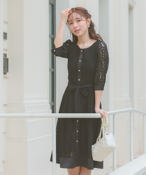 Rene レース　パール風ボタン　ノースリーブ フレア　ワンピース　グレー Rene レース パール風ボタン ノースリーブ フレア ワンピース