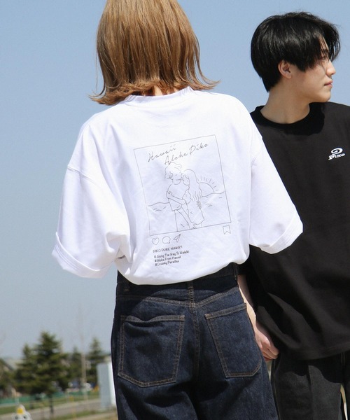 Piko（ピコ）の「【別注】【PIKO】線画 インスタ イージーケア 高密度ビッグシルエットイラストTシャツ（Tシャツ/カットソー・レディース・グリーン/ブルー/ホワイト/ブラック/ネイビー/ベージュ/ピンク・MEDIUM/LARGE）」の2枚目の写真