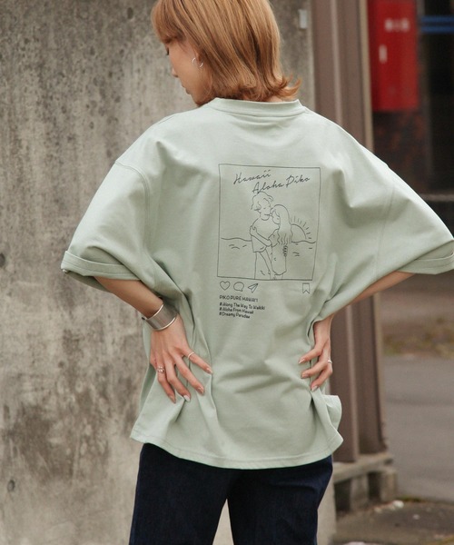 Piko（ピコ）の「【別注】【PIKO】線画 インスタ イージーケア 高密度ビッグシルエットイラストTシャツ（Tシャツ/カットソー・レディース・グリーン/ブルー/ホワイト/ブラック/ネイビー/ベージュ/ピンク・MEDIUM/LARGE）」の11枚目の写真