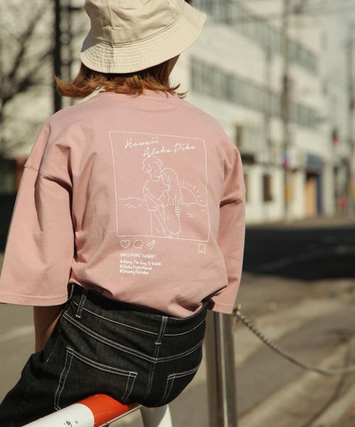 Piko（ピコ）の「【別注】【PIKO】線画 インスタ イージーケア 高密度ビッグシルエットイラストTシャツ（Tシャツ/カットソー・レディース・グリーン/ブルー/ホワイト/ブラック/ネイビー/ベージュ/ピンク・MEDIUM/LARGE）」の9枚目の写真