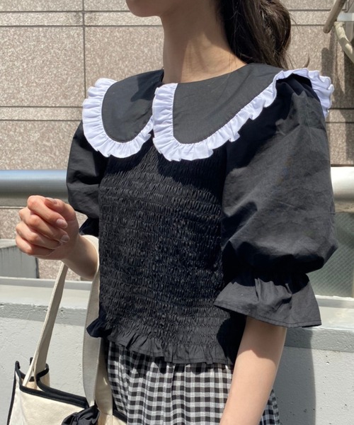 one after another NICE CLAUP(ワンアフターアナザーナイスクラップ)の「【Web限定】丸衿シャーリングブラウス(Tシャツ/カットソー・レディース・ブラック/オフホワイト/ブラック系その他・FREE)」の19枚目の写真