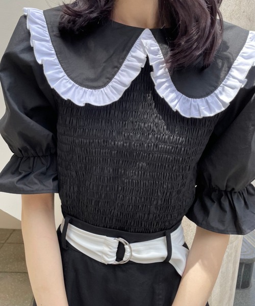one after another NICE CLAUP(ワンアフターアナザーナイスクラップ)の「【Web限定】丸衿シャーリングブラウス(Tシャツ/カットソー・レディース・ブラック/オフホワイト/ブラック系その他・FREE)」の18枚目の写真