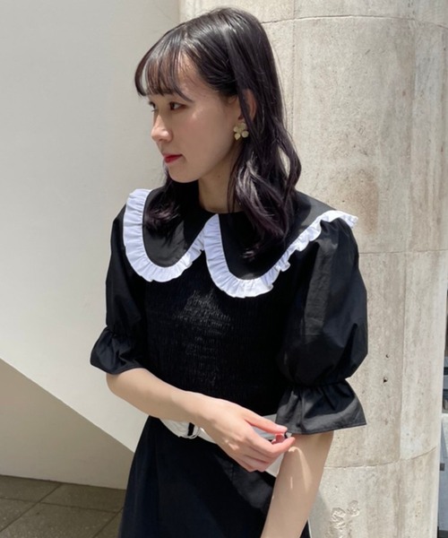 one after another NICE CLAUP(ワンアフターアナザーナイスクラップ)の「【Web限定】丸衿シャーリングブラウス(Tシャツ/カットソー・レディース・ブラック/オフホワイト/ブラック系その他・FREE)」の6枚目の写真